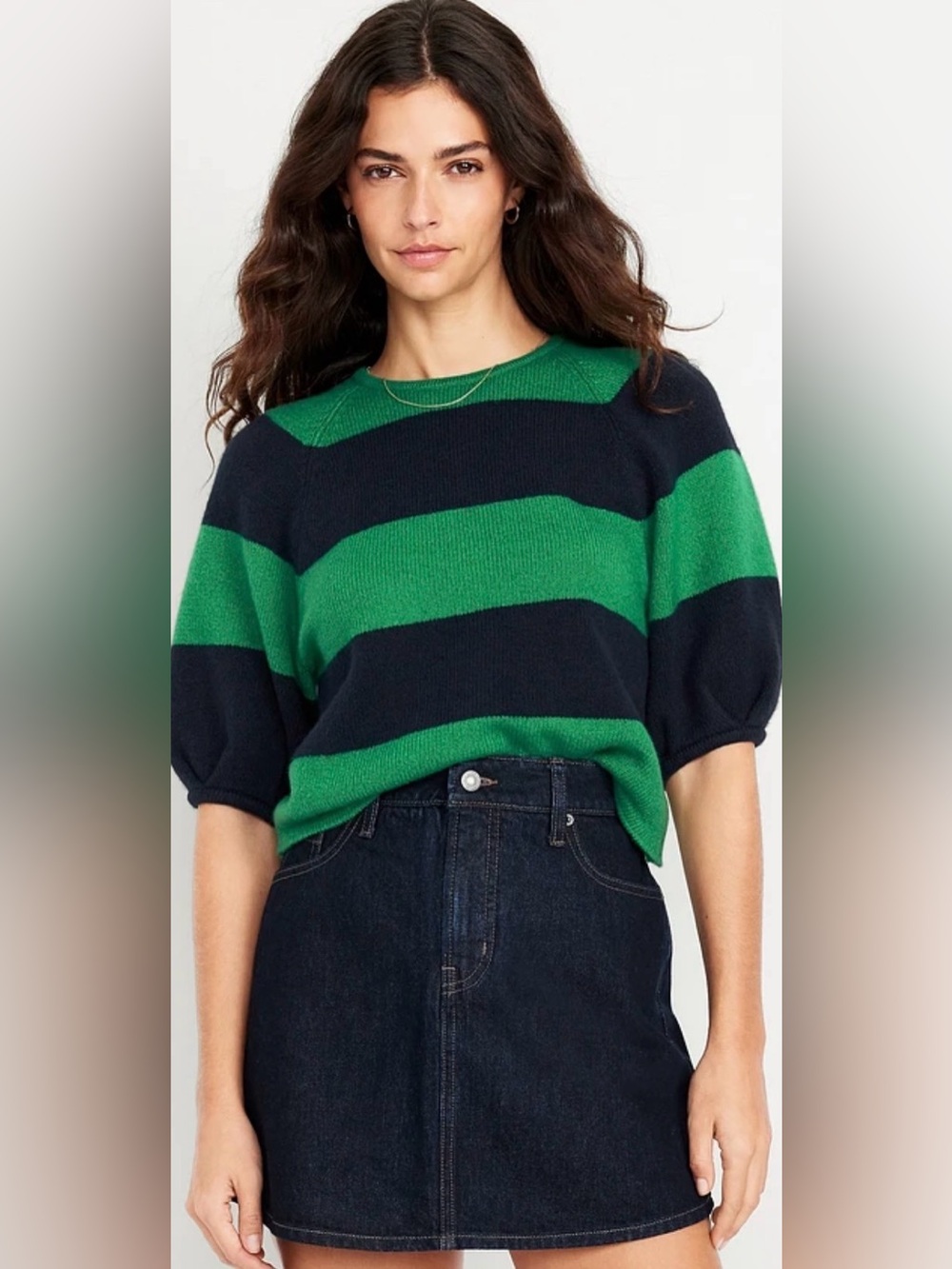 Old Navy Green and Black Striped Short-Sleeve Sweater